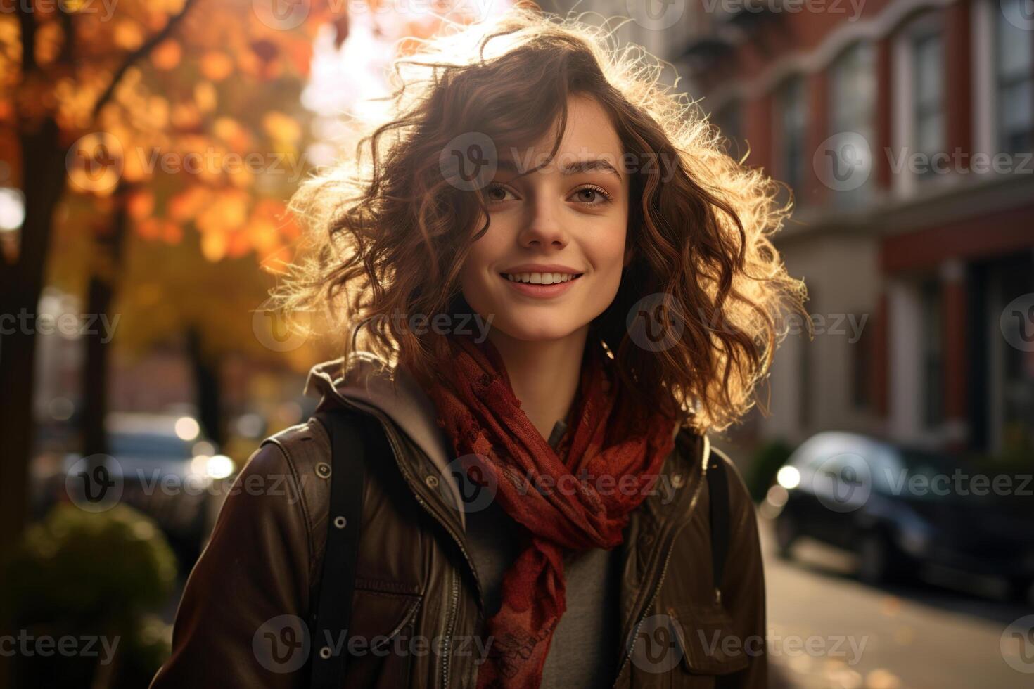 AI generated Cute pretty young woman wearing a jacket walking on street on an autumn day, smiling female student outdoors photo