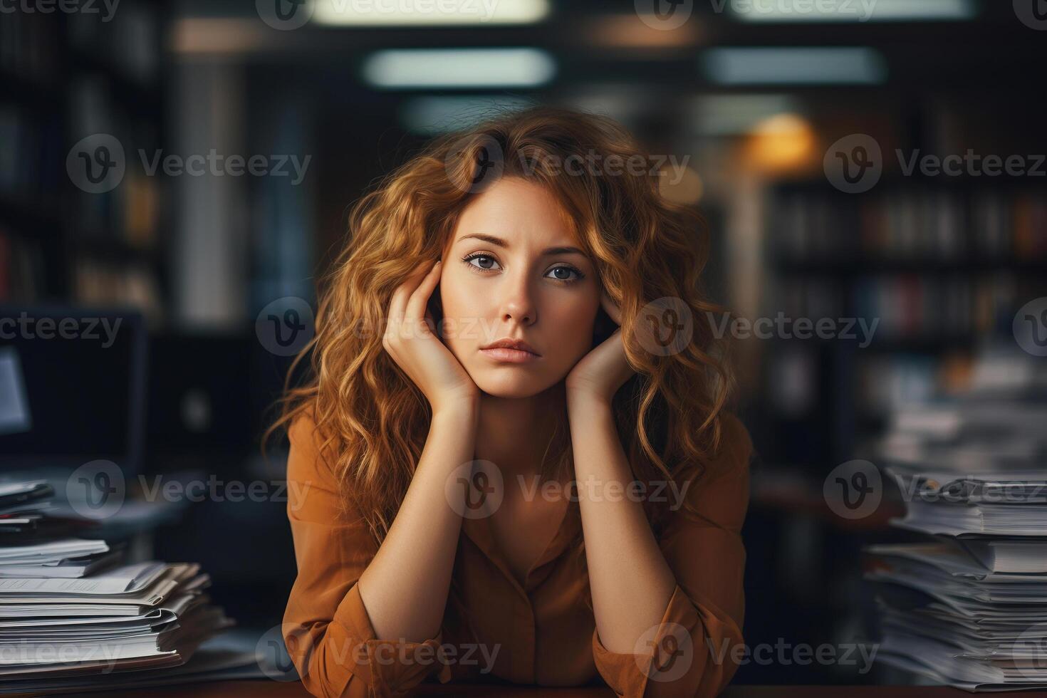 AI generated Portrait of tired unhappy woman accountant or employee sitting at workplace at table littered with documents and looking at camera. Burnout at work, depression photo