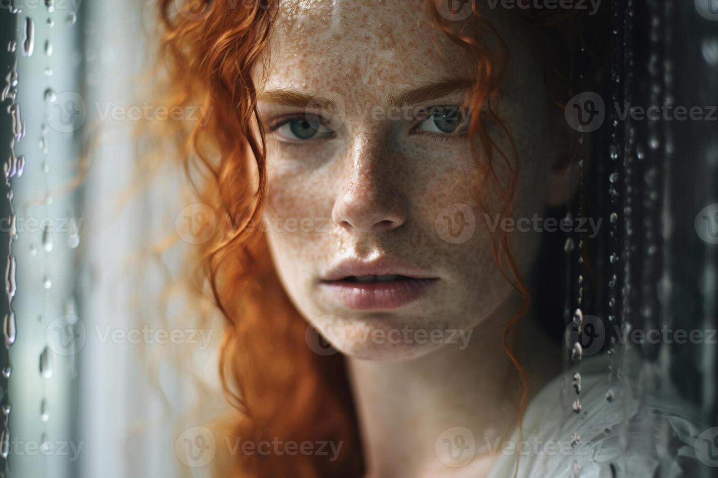 AI generated Feminine portrait of a sensual young Caucasian woman with red hair and freckles looking at camera, wet front background with drops photo