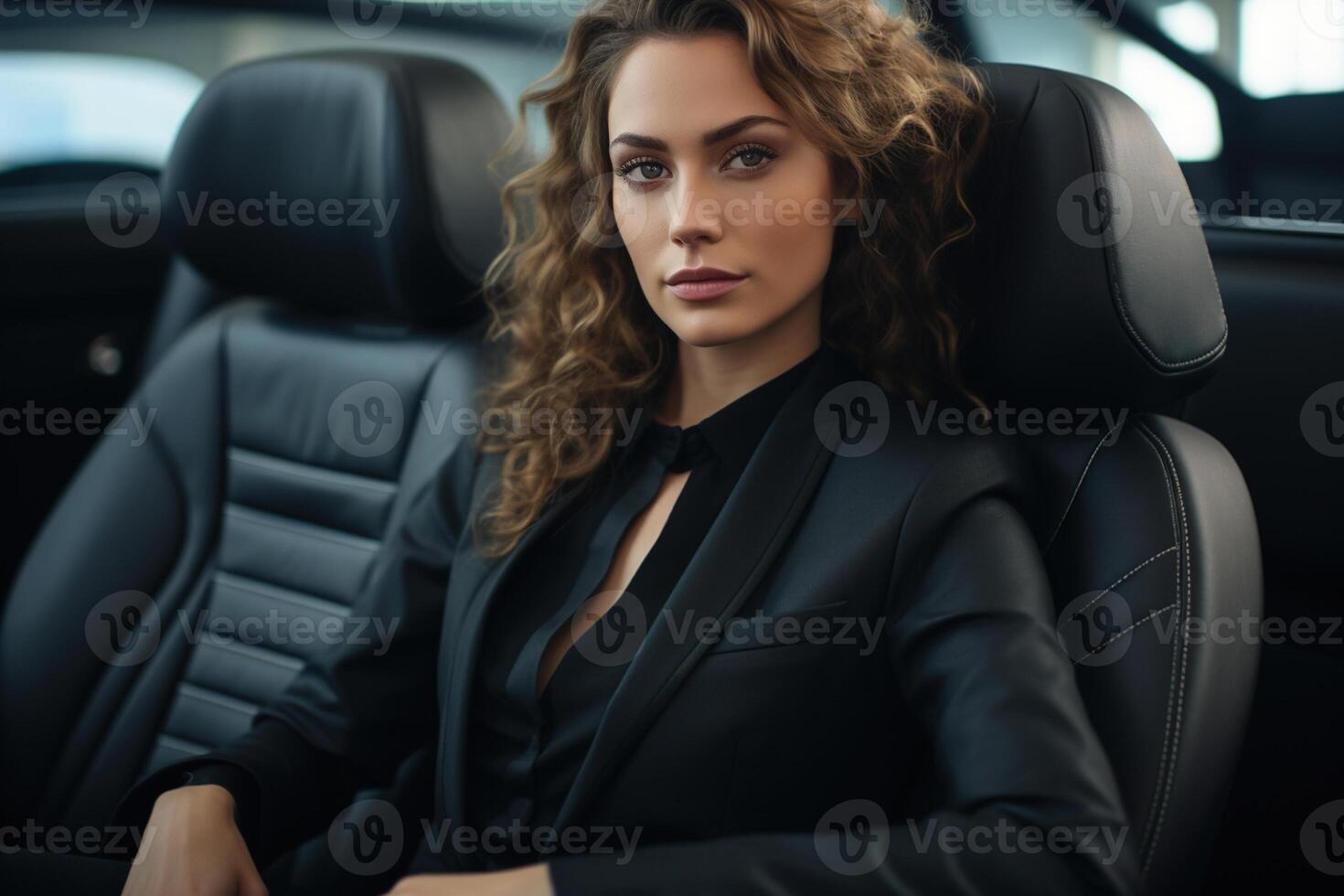 AI generated Female business portrait, confident arrogant Caucasian woman in a suit sitting in an expensive car photo