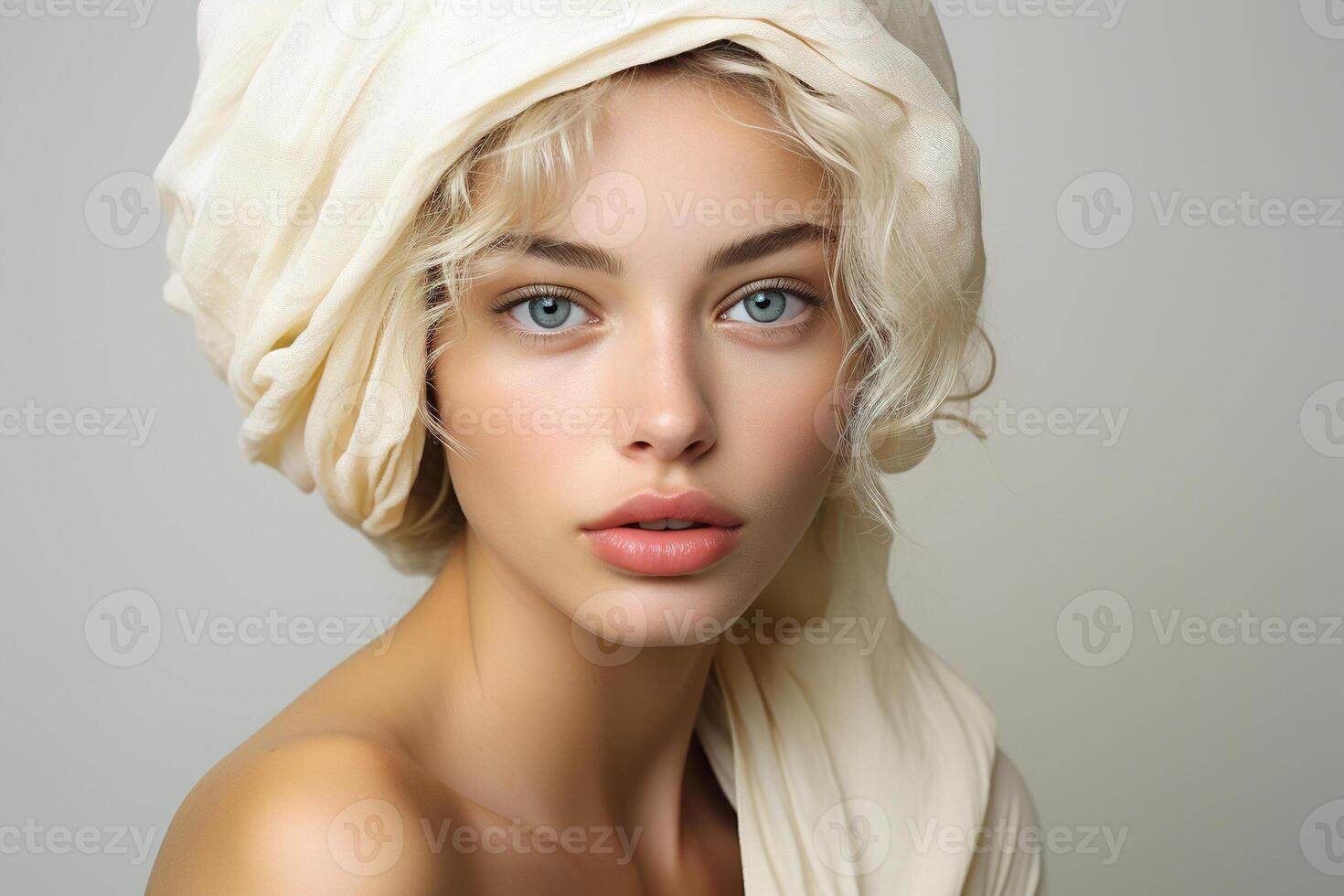 ai generado feminidad, hembra natural belleza, productos cosméticos y piel cuidado concepto. retrato de bonito caucásico modelo joven rubia mujer con limpiar piel con toalla en cabeza mirando a cámara foto