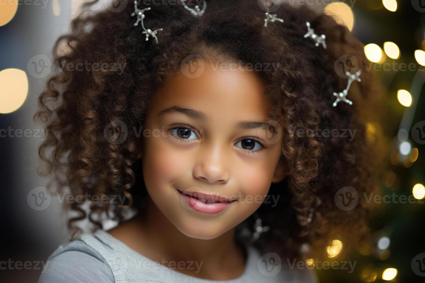 AI generated Merry christmas and happy new year child portrait, african american little smiling curly girl on festive background bokeh garland indoors photo