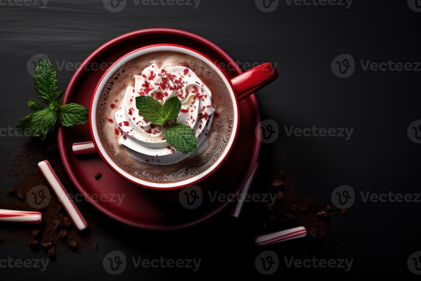 AI generated Peppermint mocha, mint chocolate and coffee drink in a red mug on a dark background, top view photo