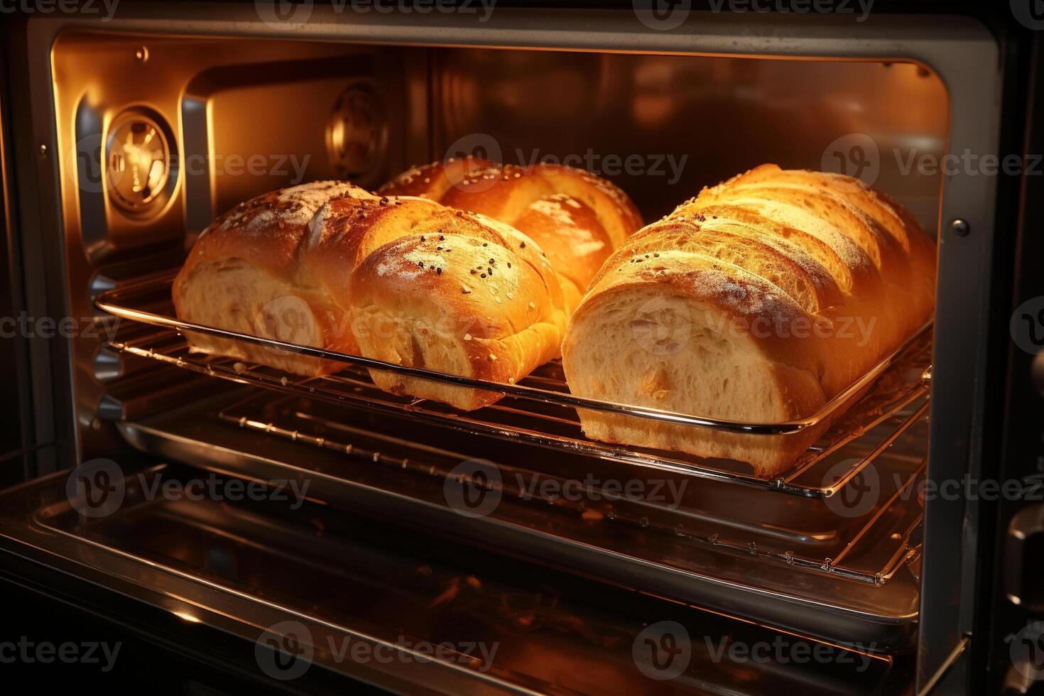 AI generated Fresh bread baked in oven, homemade baking pastries photo