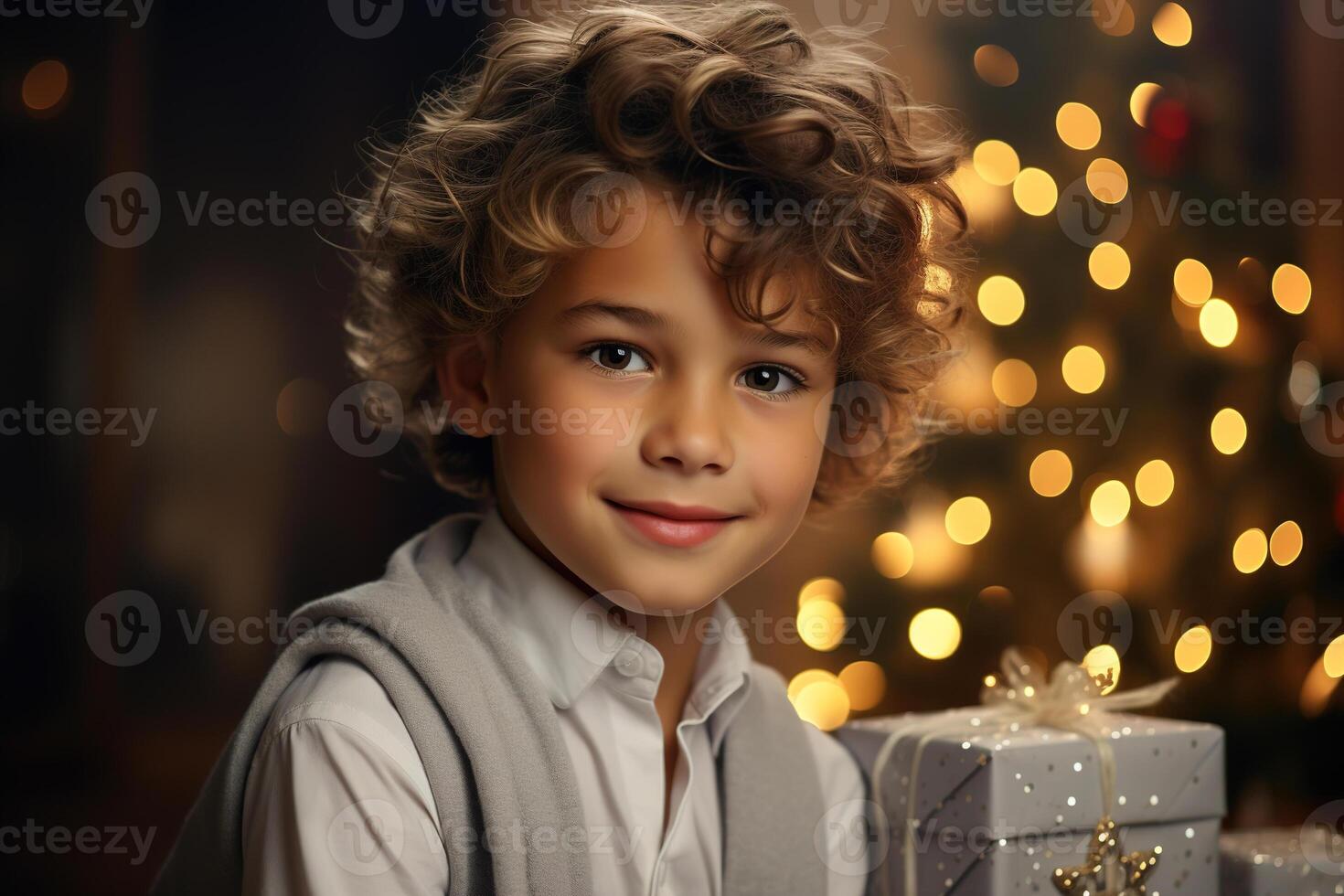 AI generated Xmas child portrait smiling cute little curly boy against backdrop of garlands, decorated Christmas tree and gift indoors looking at camera photo