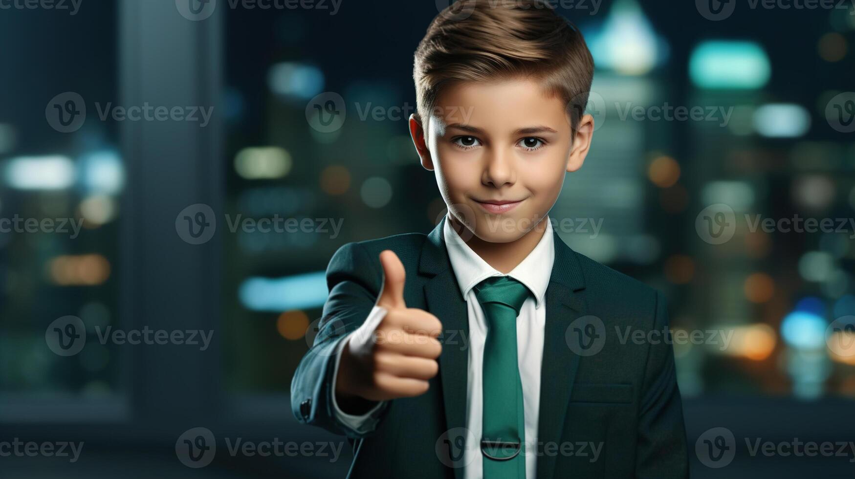 AI generated Portrait of handsome successful caucasian boy small businessman in suit showing like or ok gesture while standing on business background photo