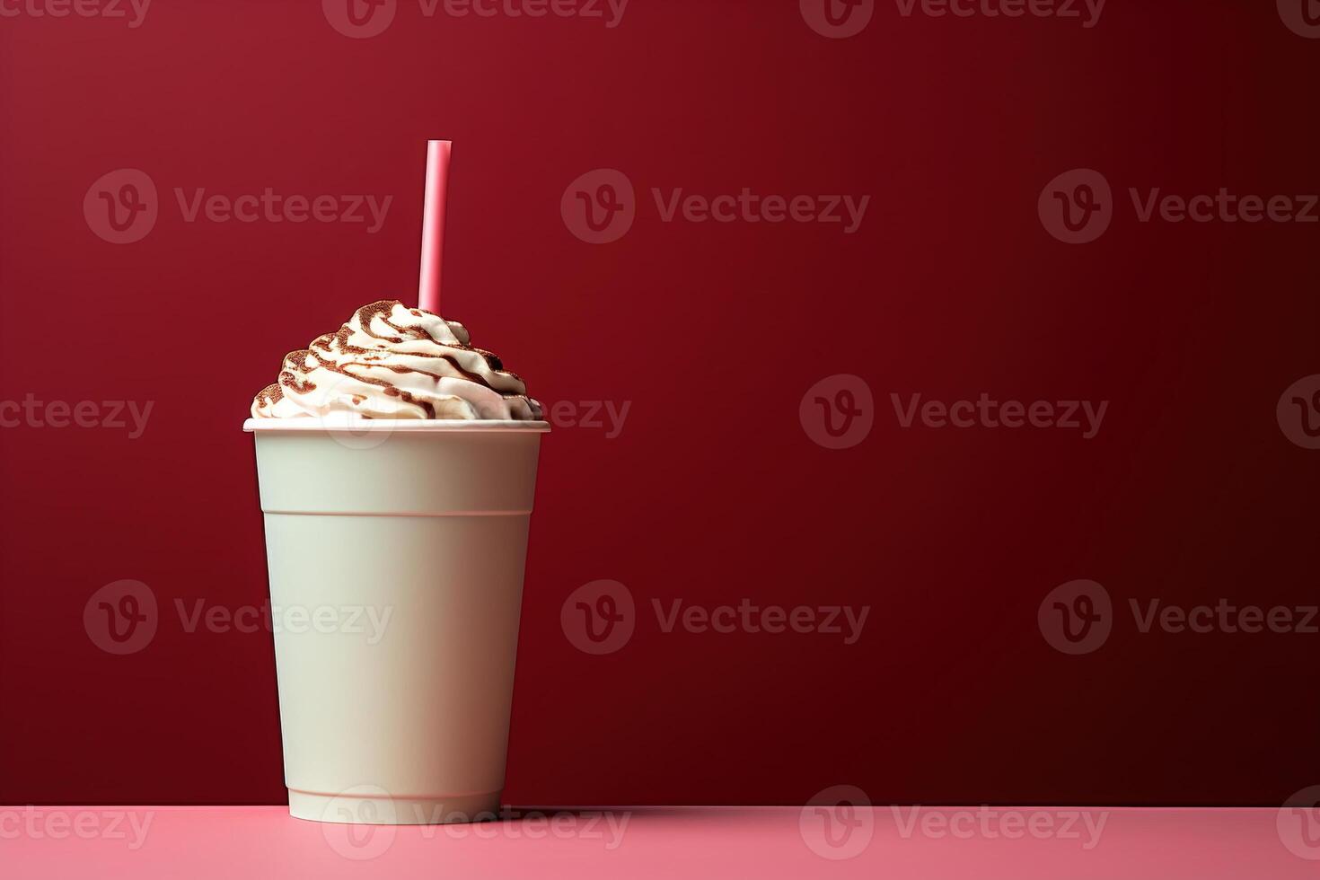 AI generated Peppermint mocha, chocolate and coffee drink in a disposable white cup with a straw on a red background with copy space photo
