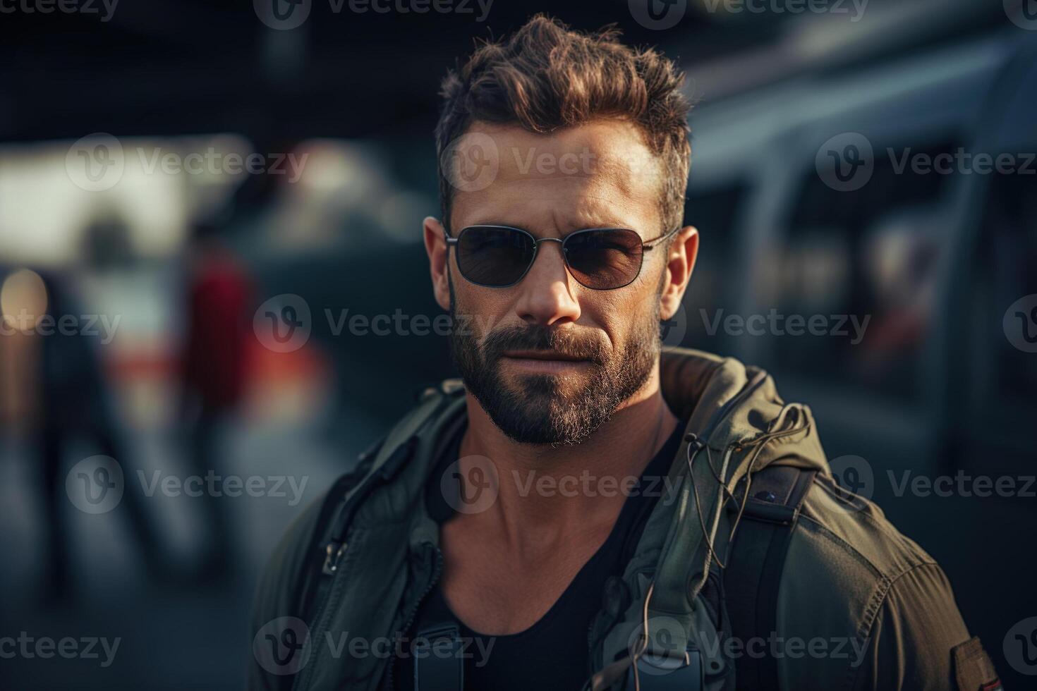 AI generated Military pilot, portrait of an air force man in sunglasses at a military base outdoors photo