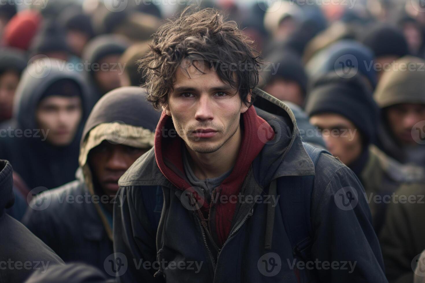 AI generated Desperate young guy migrant in a crowd of homeless unemployed refugees outdoors photo