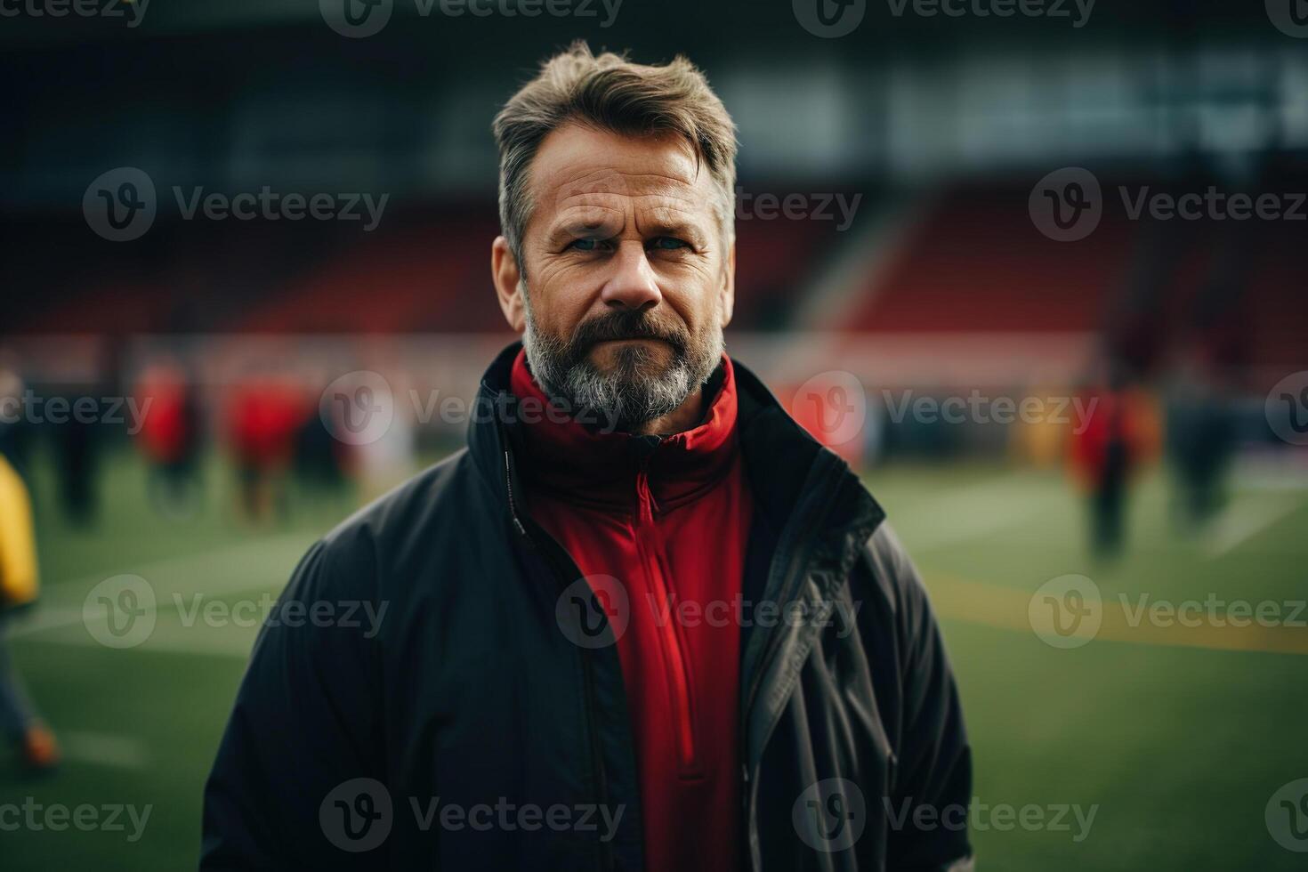 ai generado masculino fútbol americano instructor a equipo formación a un al aire libre estadio, retrato de un fútbol entrenador en Deportes suelo foto