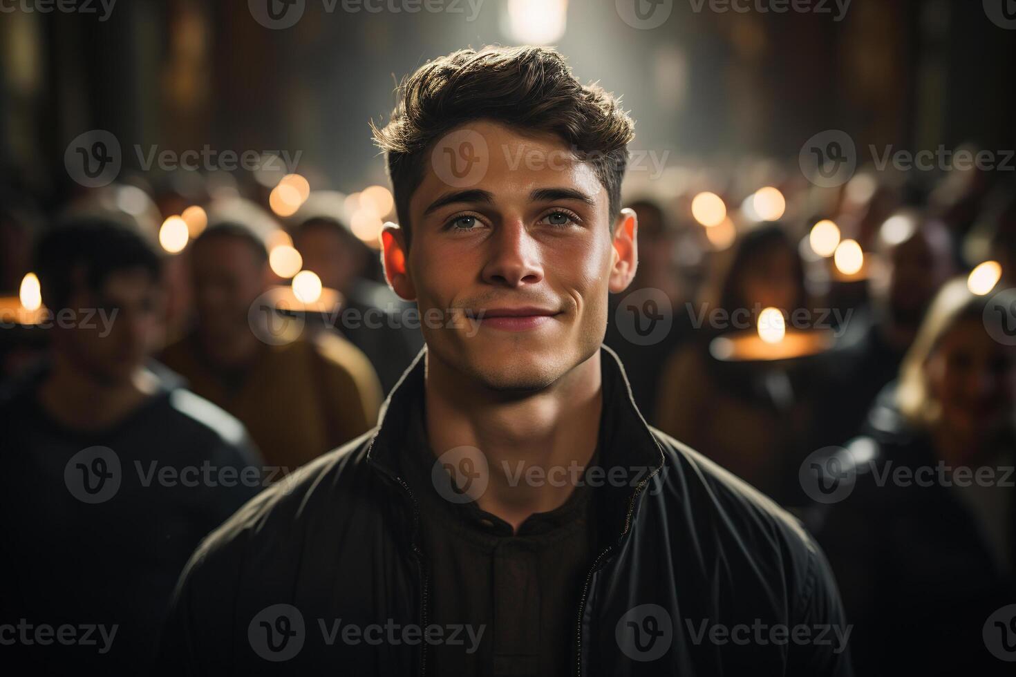 ai generado retrato de un contento sonriente atractivo cristiano chico en un Iglesia en un multitud de creyentes, frente vista. fe y religión foto