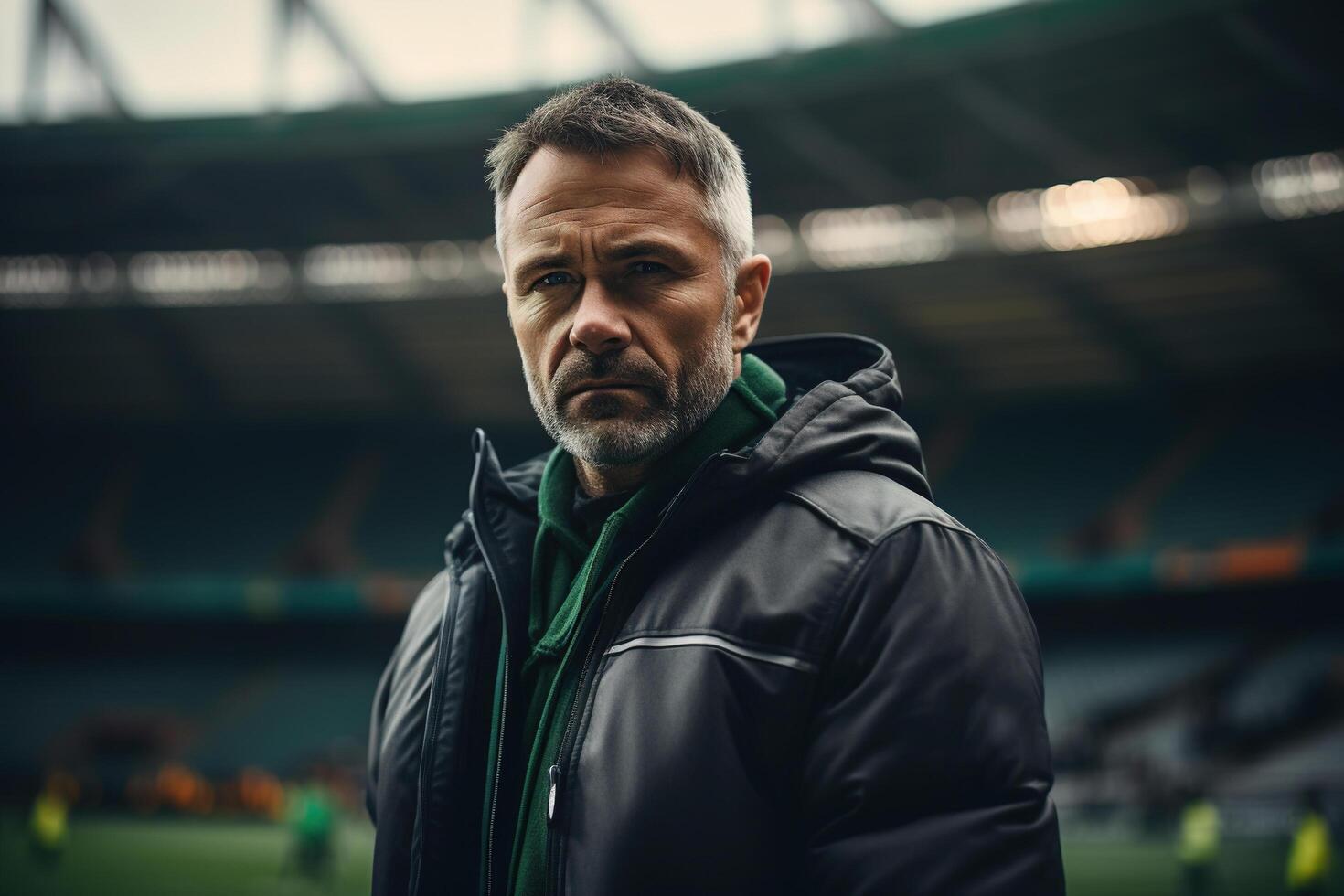 ai generado retrato de fútbol entrenador a el estadio, grave medio Envejecido adulto hombre fútbol americano instructor al aire libre foto