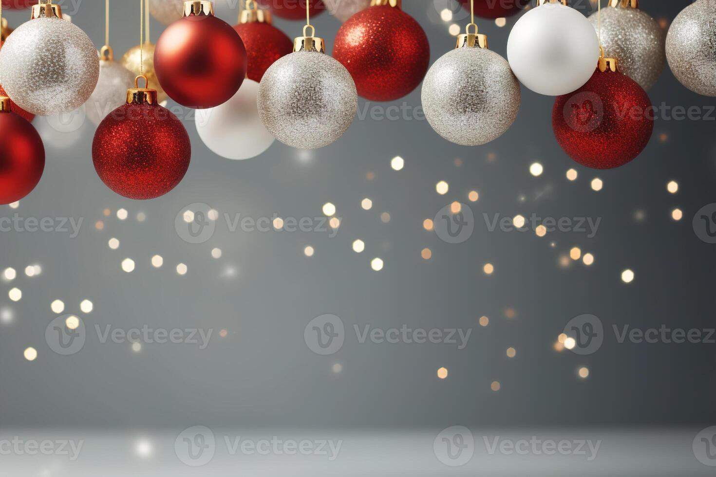 AI generated Christmas festive background with copy space. Hanging balls and bokeh lights on a gray background photo
