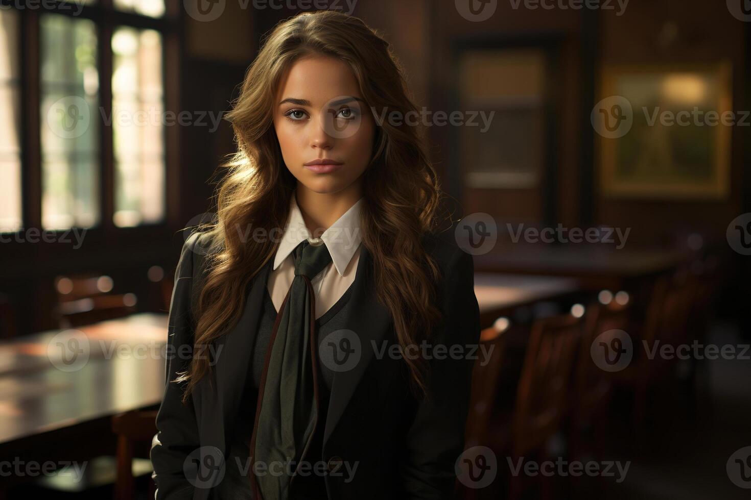 AI generated Beautiful stylish young woman student wearing university aesthetics uniform standing in college library photo