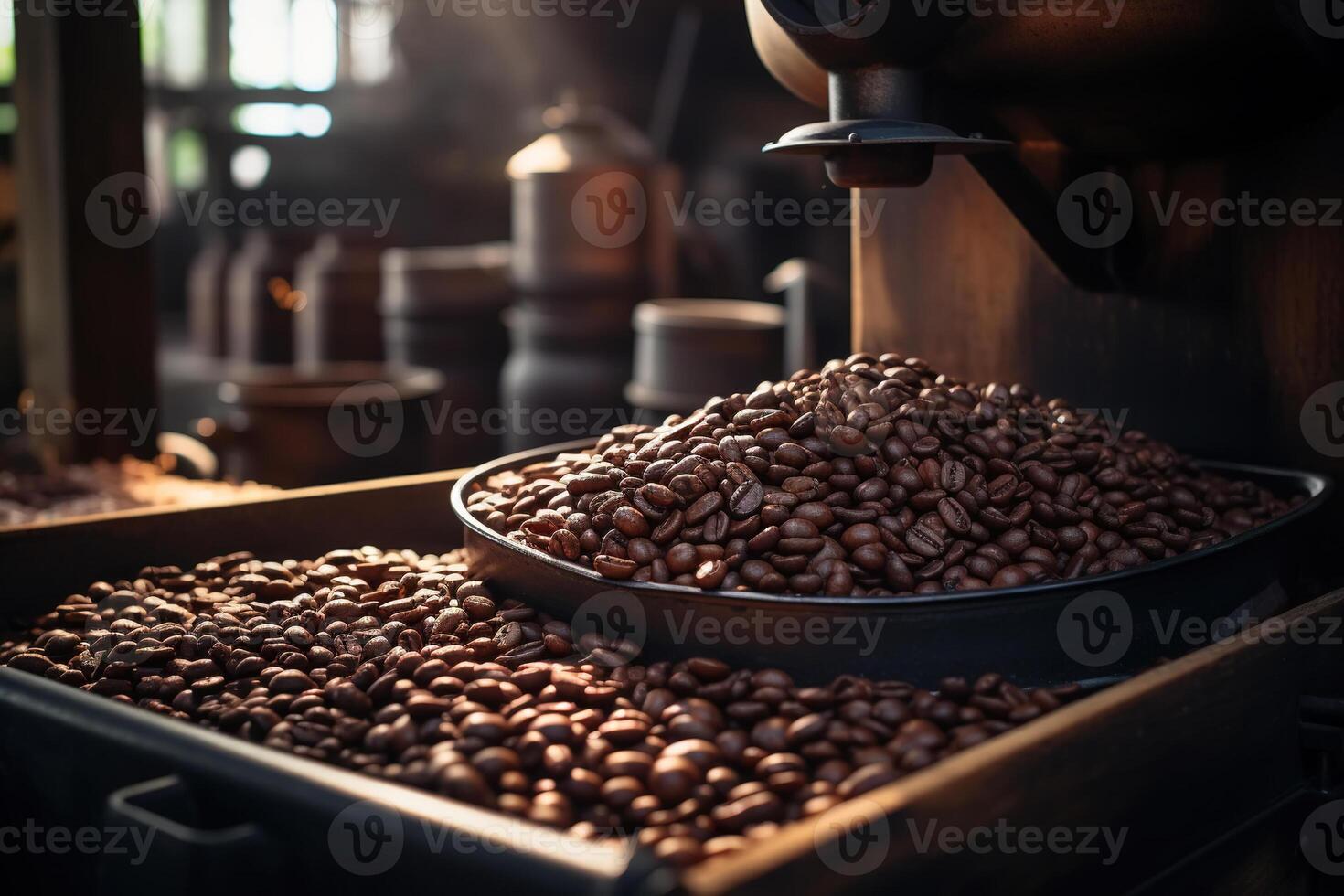 AI generated Brown coffee beans at the plant. Roasting, coffee production photo