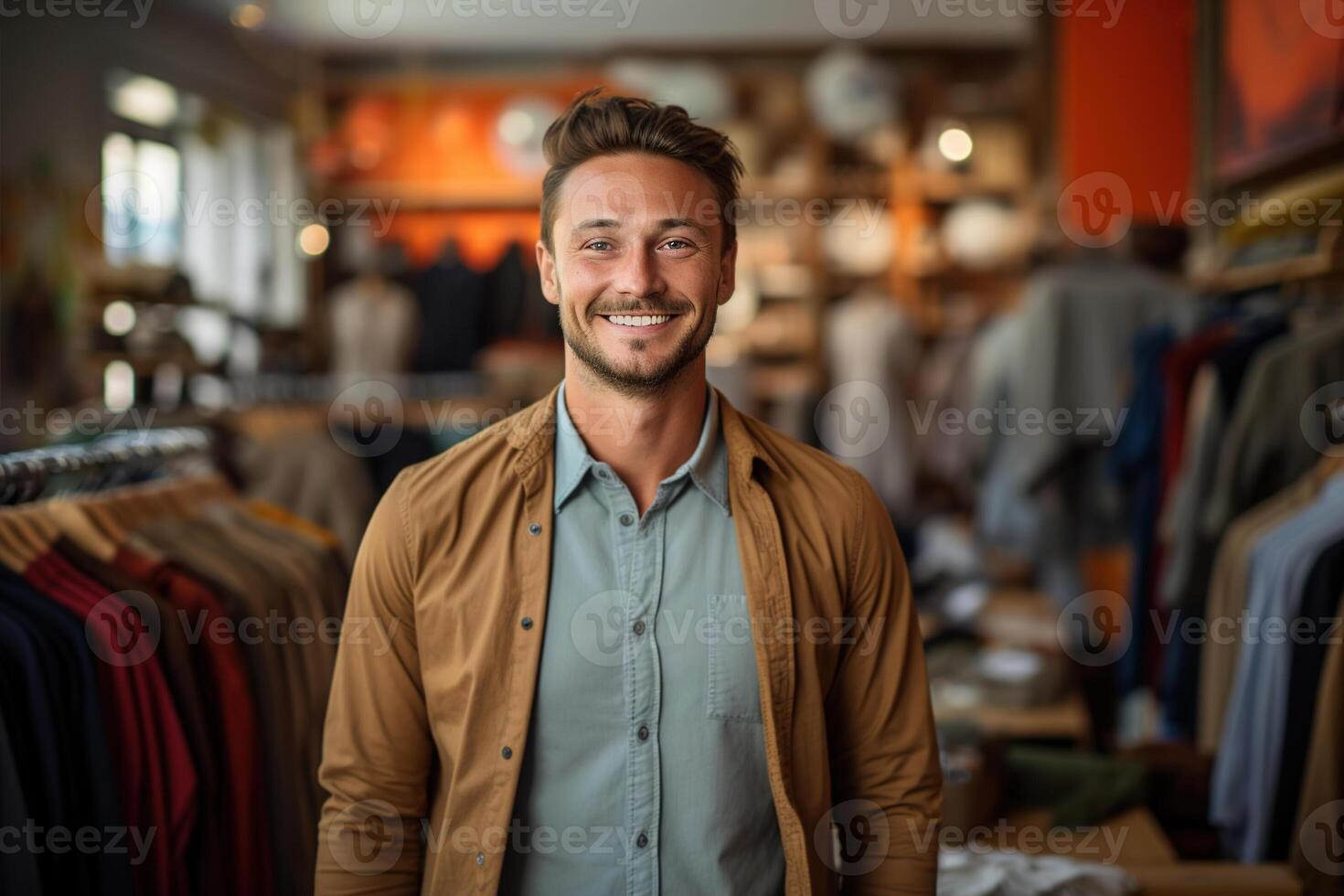 ai generado contento hermoso masculino comprador en un ropa Tienda mirando a cámara. compras, adicto a las compras, ventas foto