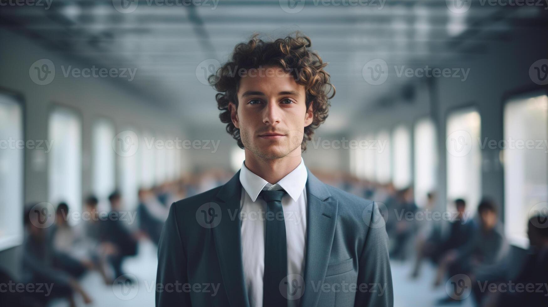 AI generated Portrait of satisfied confident young man in suit at job interview in hallway, smiling business guy trainee photo