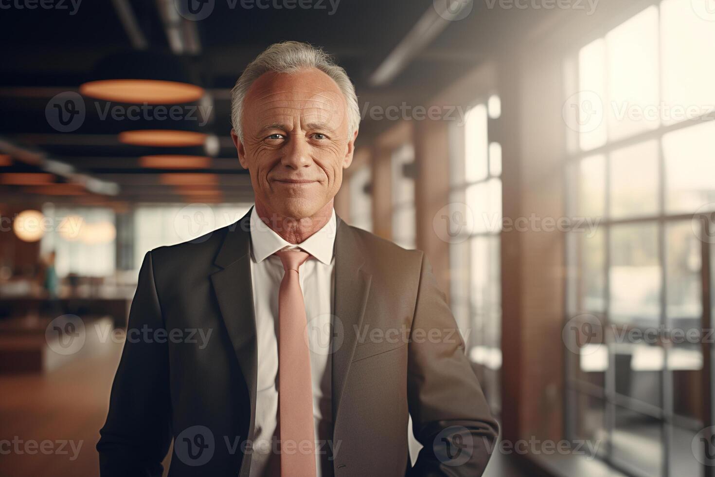 AI generated Cheerful smiling senior man in a suit standing in an office, manager or businessman photo