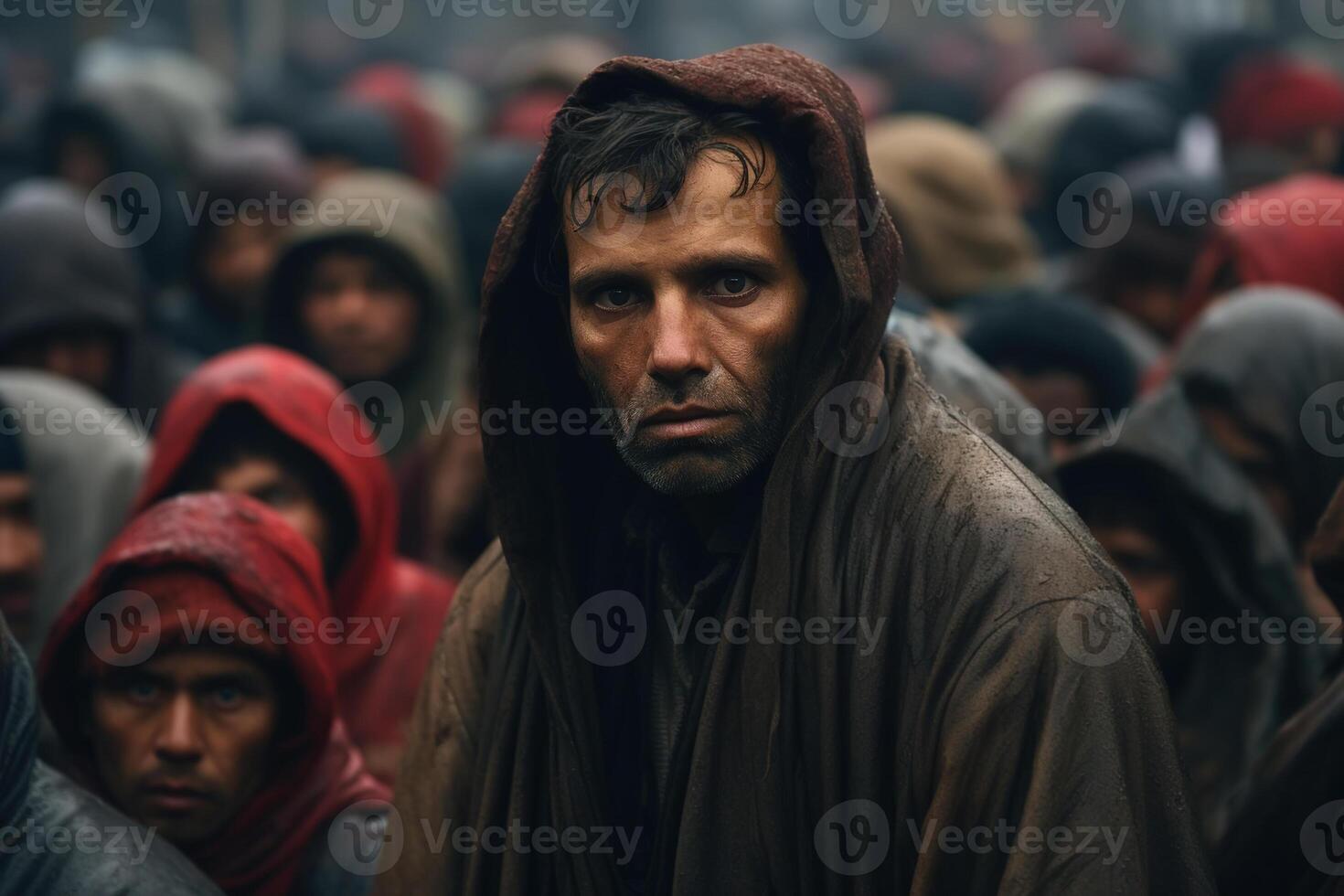 AI generated Portrait of an adult sad poor man of eastern nationality in a crowd of refugee people outdoors. Emigration, migrants are a social problem photo