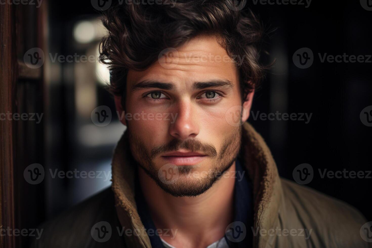 AI generated Portrait of a young handsome male model unshaven in outerwear looking at camera, headshot photo