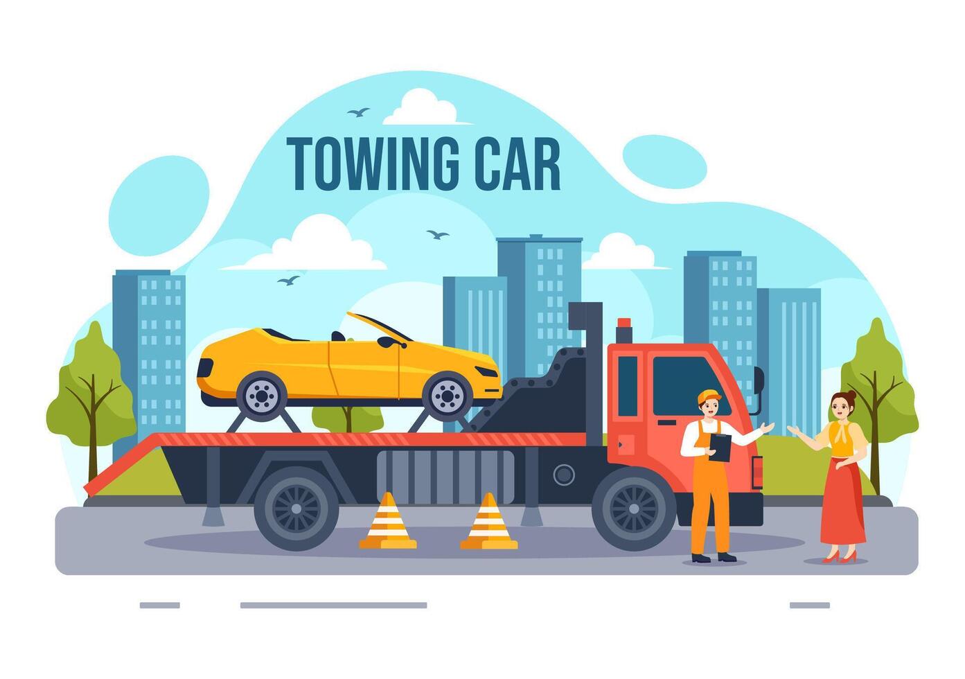 Auto Towing Car Vector Illustration Using a Truck with Roadside Assistance Service for Various Vehicles in Flat Cartoon Background Design