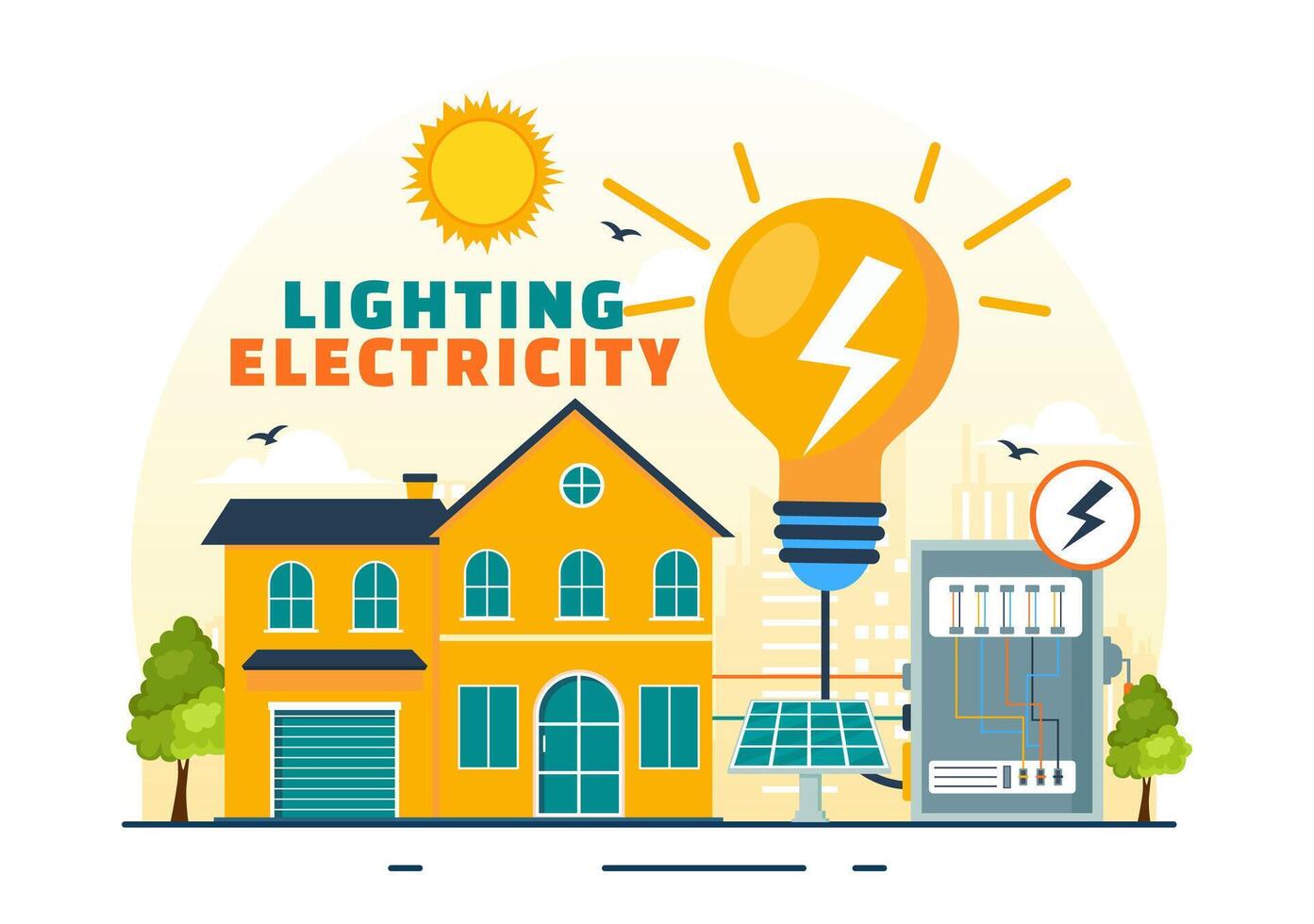 Lighting and Electricity Vector Illustration with Lamp and Energy Maintenance Service Panel Cabinet of Technician Electrical Work on Flat Background