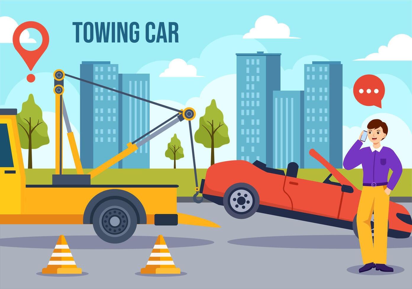 Auto Towing Car Vector Illustration Using a Truck with Roadside Assistance Service for Various Vehicles in Flat Cartoon Background Design