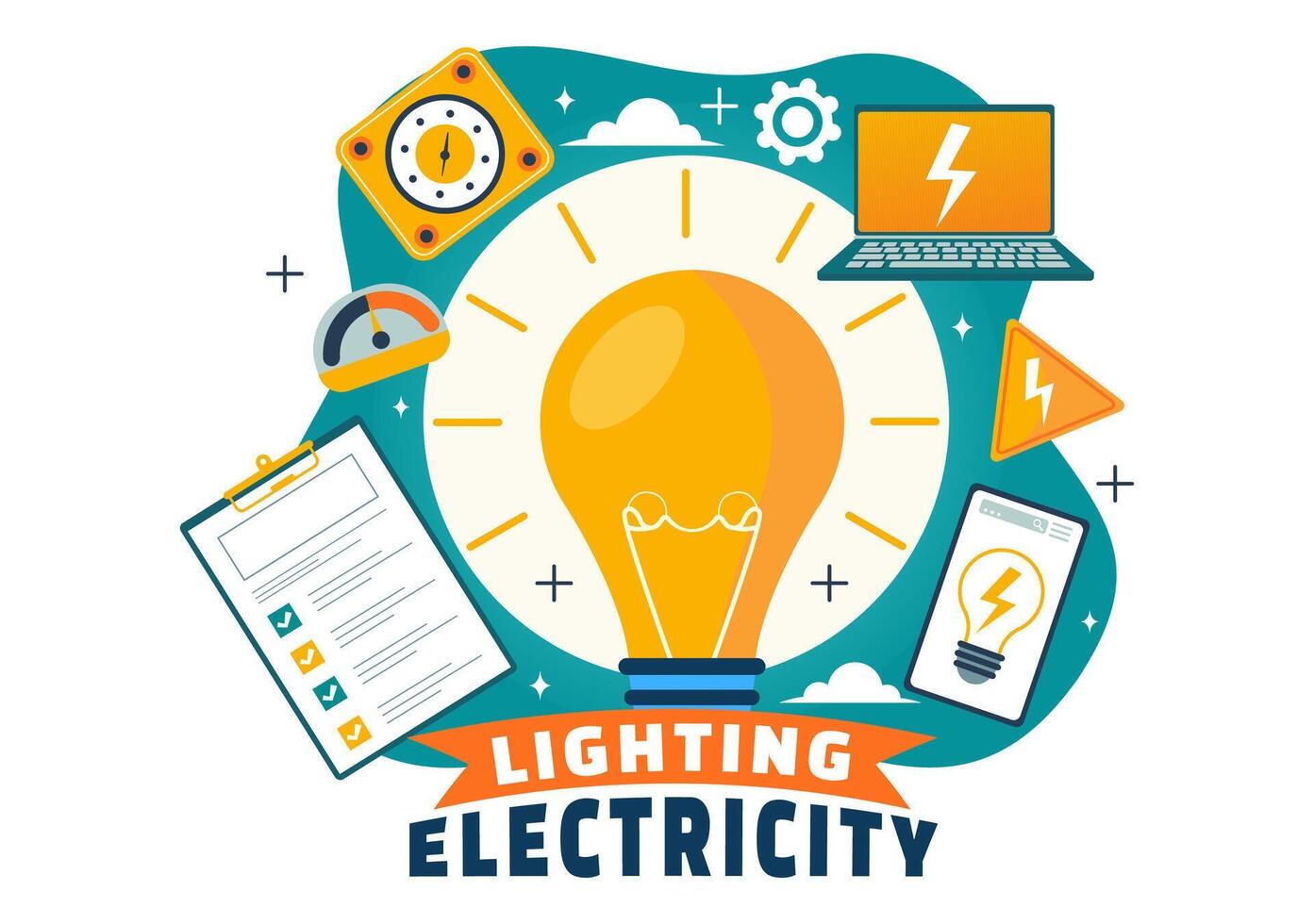 Lighting and Electricity Vector Illustration with Lamp and Energy Maintenance Service Panel Cabinet of Technician Electrical Work on Flat Background