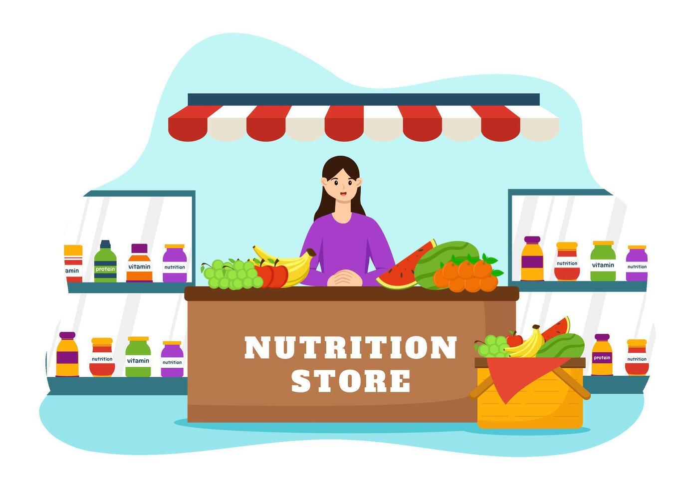 Nutrition Store Vector Illustration with Dietary Supplement of Vitamins and Minerals such as Fresh Fruit or Vegetables in Flat Cartoon Background