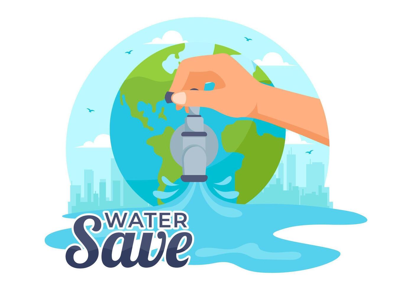 Water Saving Vector Illustration for Mineral Savings Campaign and Energy Utilization with Faucet and Earth Concept in Flat Cartoon Background