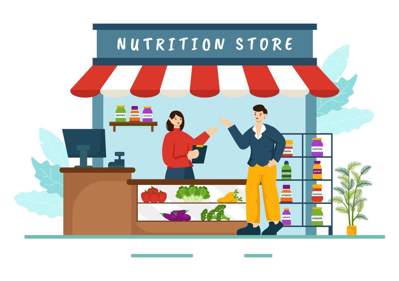 nutrición Tienda vector ilustración con dietético suplemento de vitaminas y minerales tal como Fresco Fruta o vegetales en plano dibujos animados antecedentes