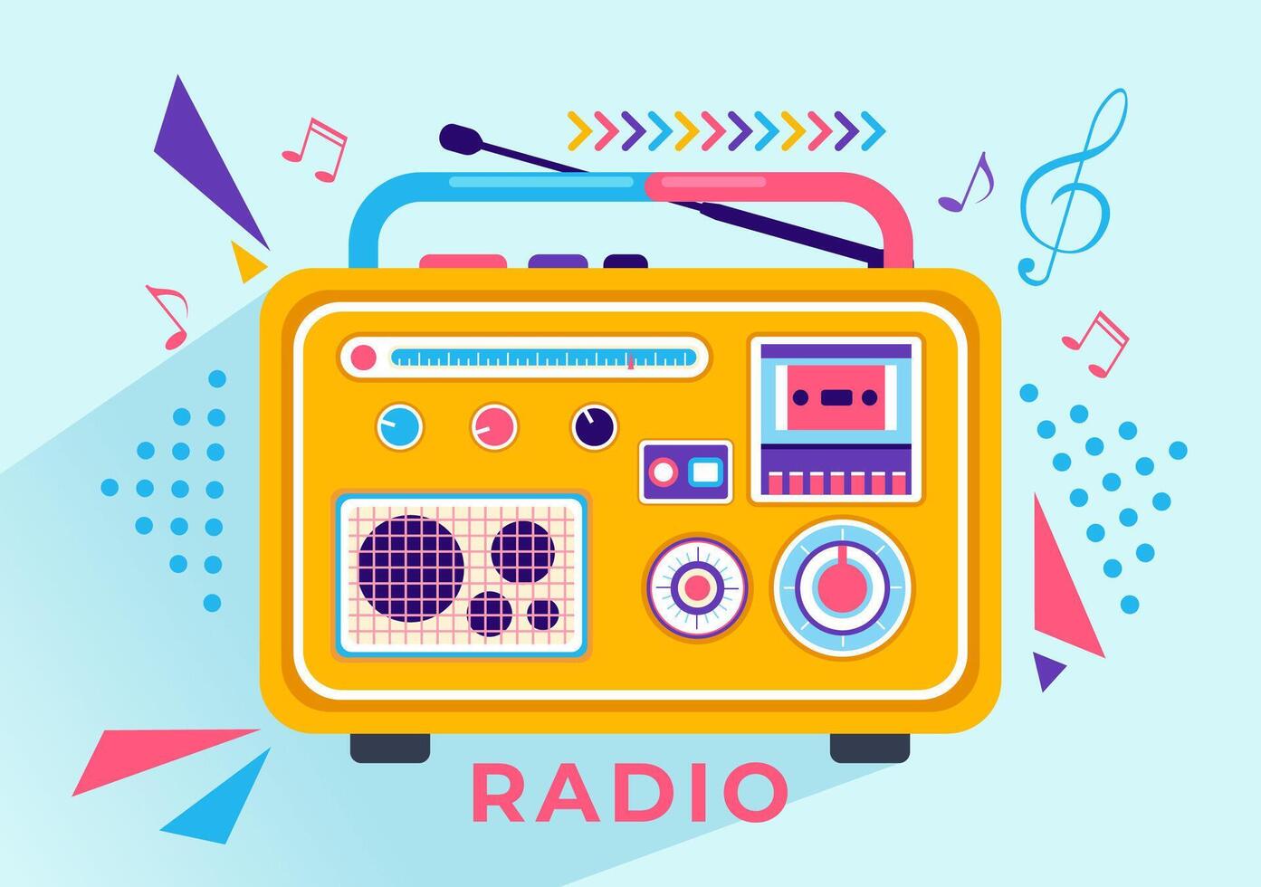 radio vector ilustración con un musical instrumento usado a enviar señales para registro, antiguo receptor y escuchando a música en plano dibujos animados antecedentes