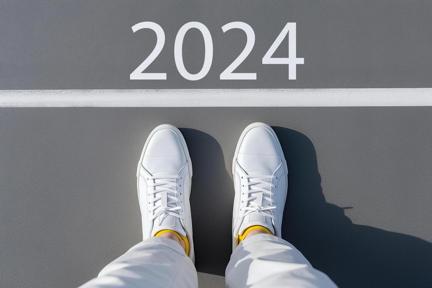 AI generated Number 2024 painted on asphalt, feet in sneakers standing in front of white horizontal line. Concept of the coming new year 2024. Top view, POV, close-up photo