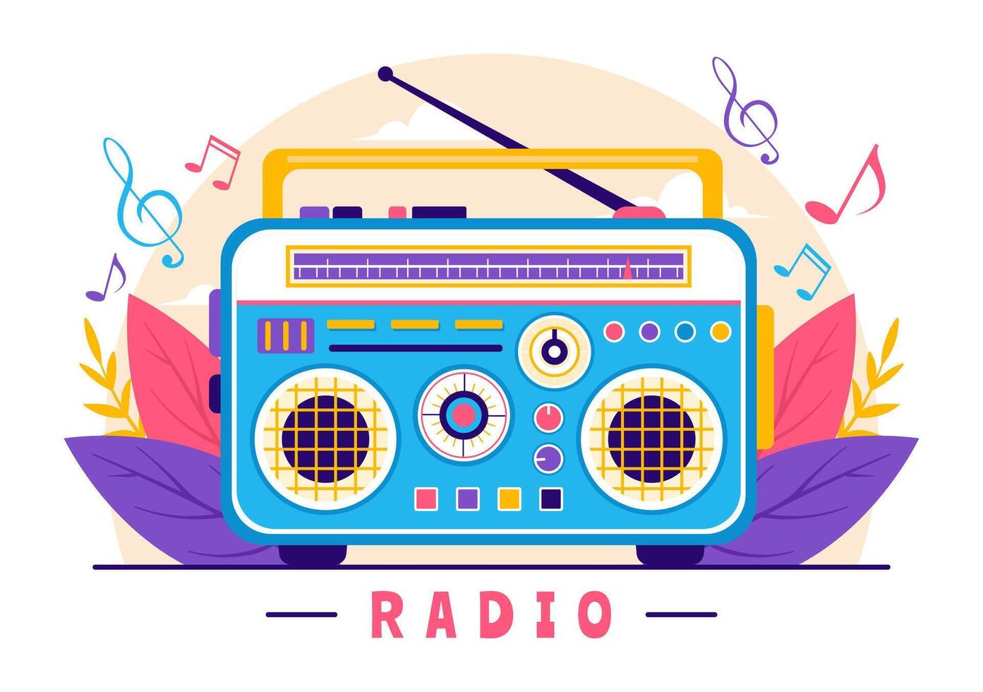 Radio Vector Illustration with a Musical Instrument used to Send Signals for Record, Old Receiver and Listening to Music in Flat Cartoon Background