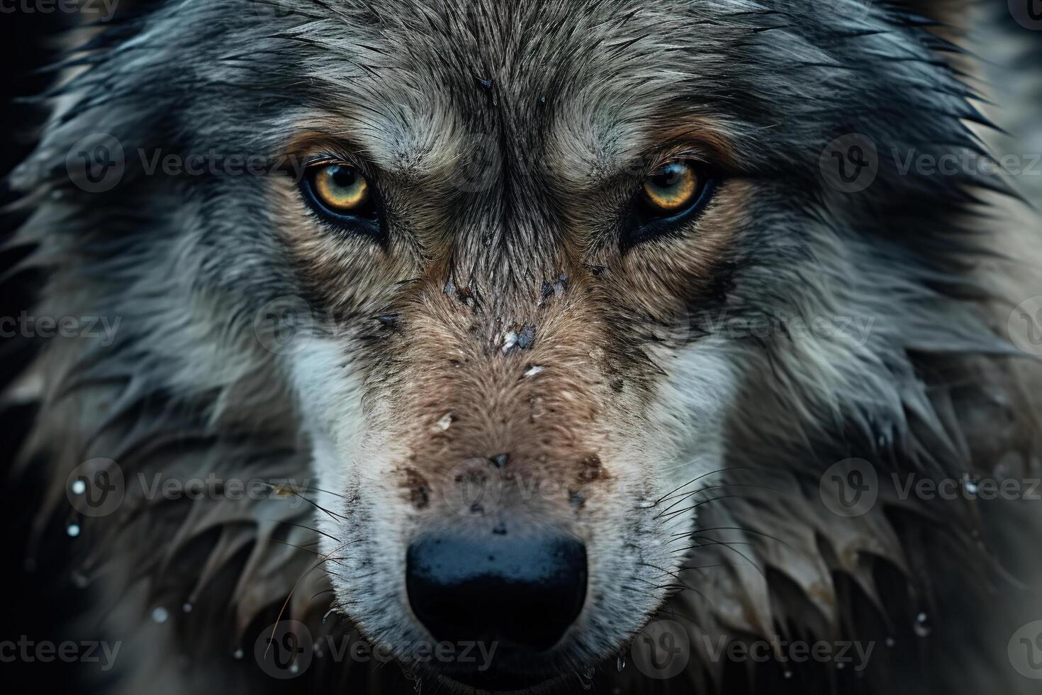 AI generated Wild animal theme. Front view portrait of wolf looking at camera, close-up muzzle predator rainy day photo