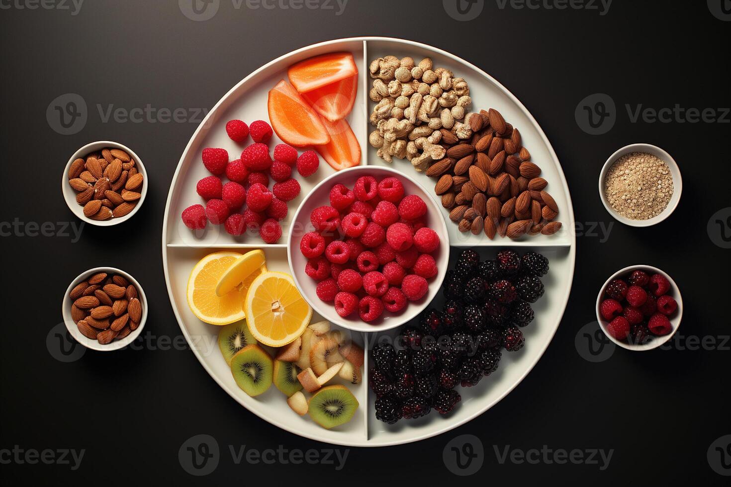 AI generated Top view plate with nuts and berries. Healthy eating, diet, veganism concept photo