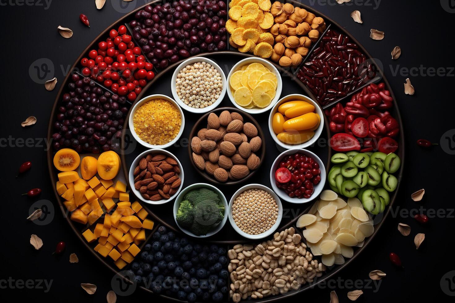 AI generated Healthy eating, diet, veganism concept. Top view plate with nuts and fruits photo