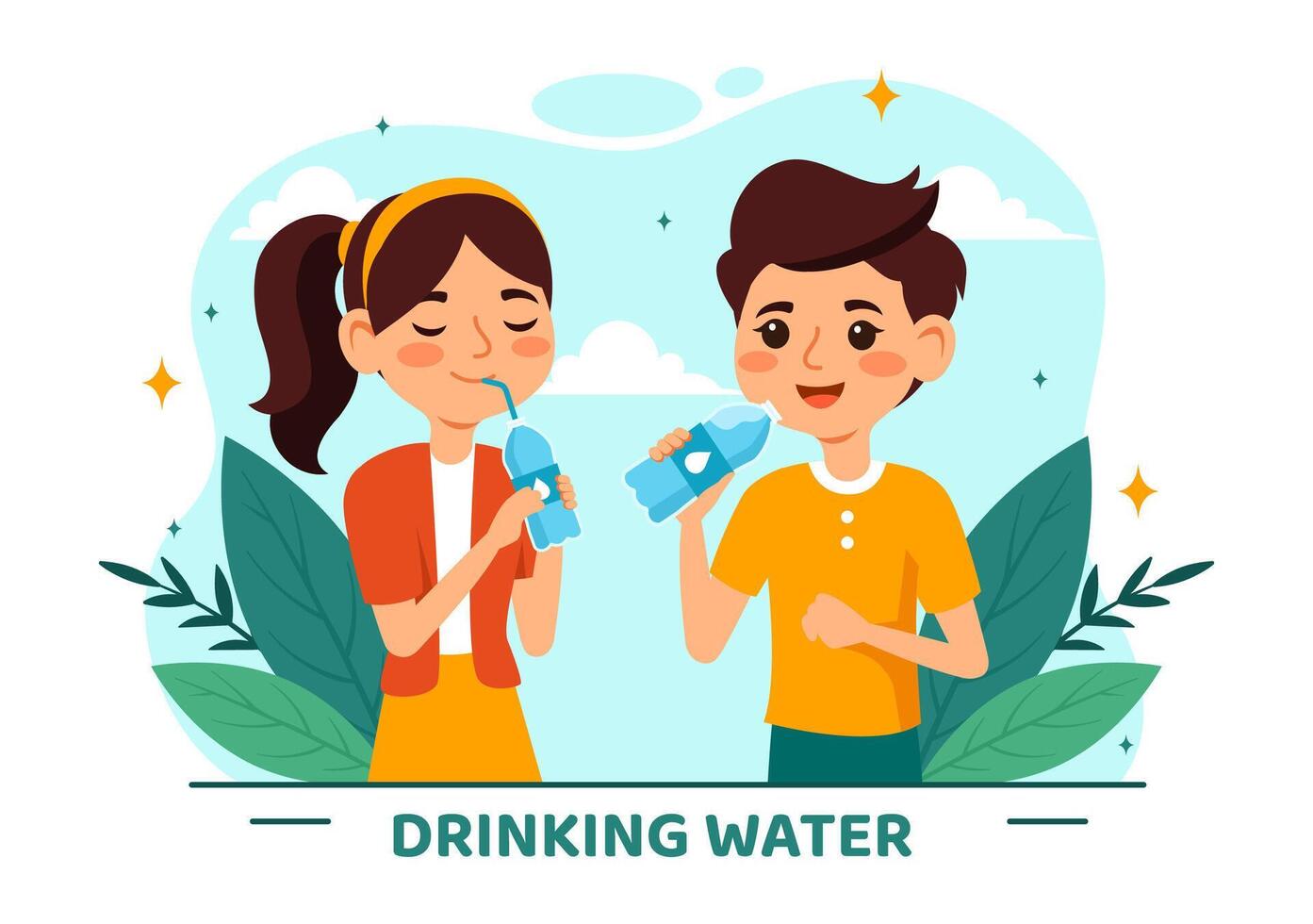 People Drinking Water From Plastic Bottles and Glasses with Pure Clean Fresh Concept in Flat Kids Cartoon Vector Illustration