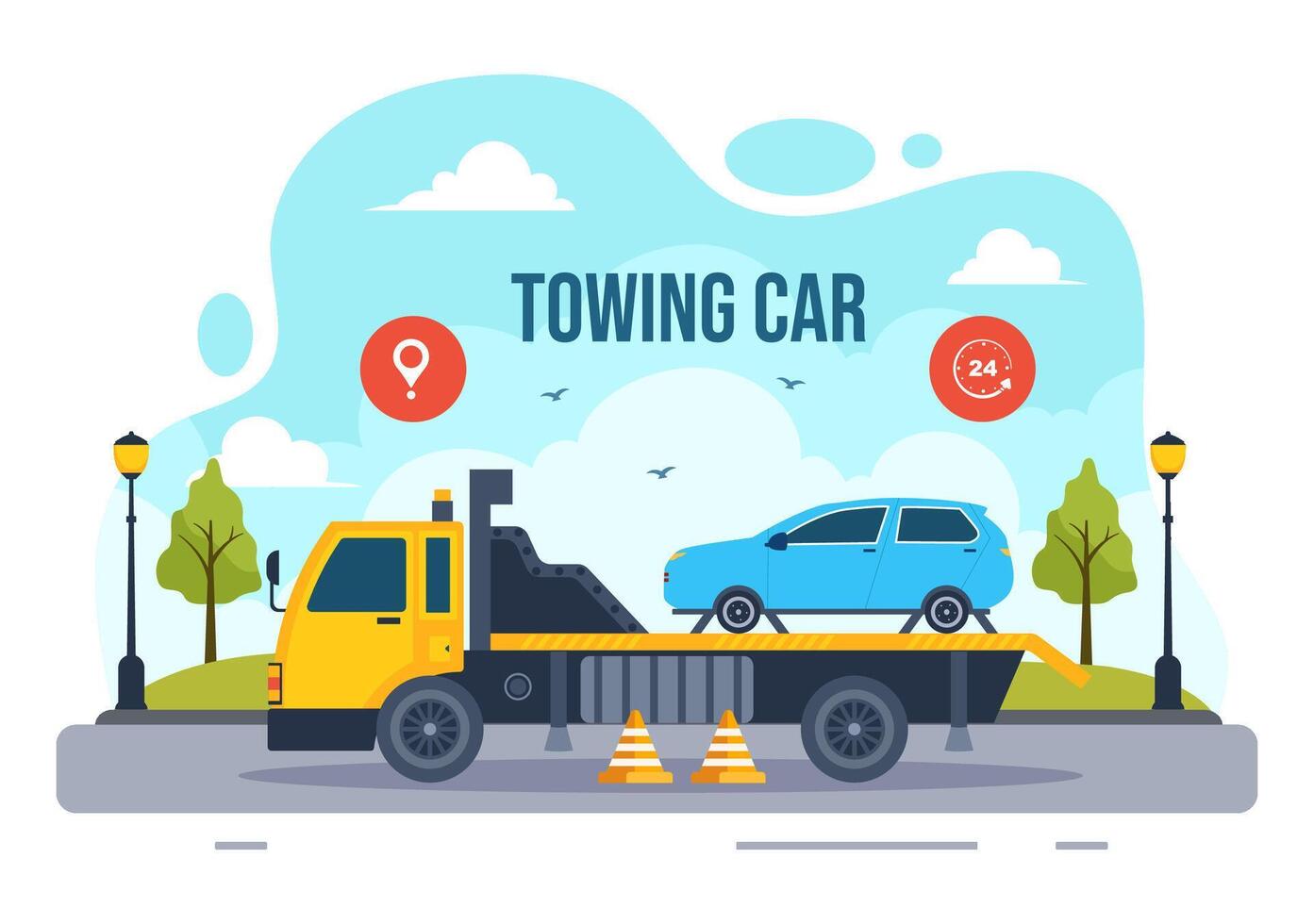 Auto Towing Car Vector Illustration Using a Truck with Roadside Assistance Service for Various Vehicles in Flat Cartoon Background Design