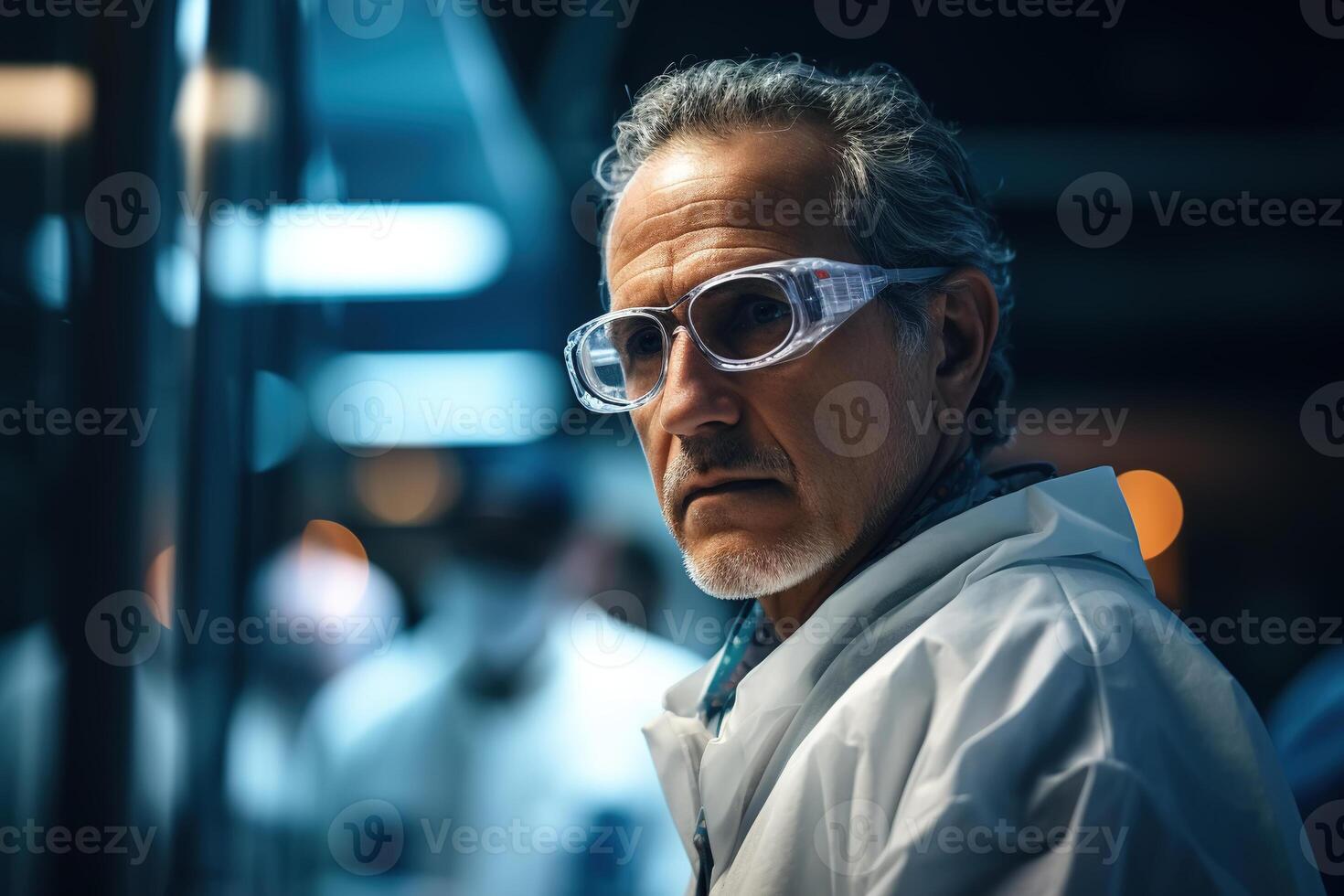 AI generated Scientist male doctor wearing safety glasses and white medical uniform in laboratory photo