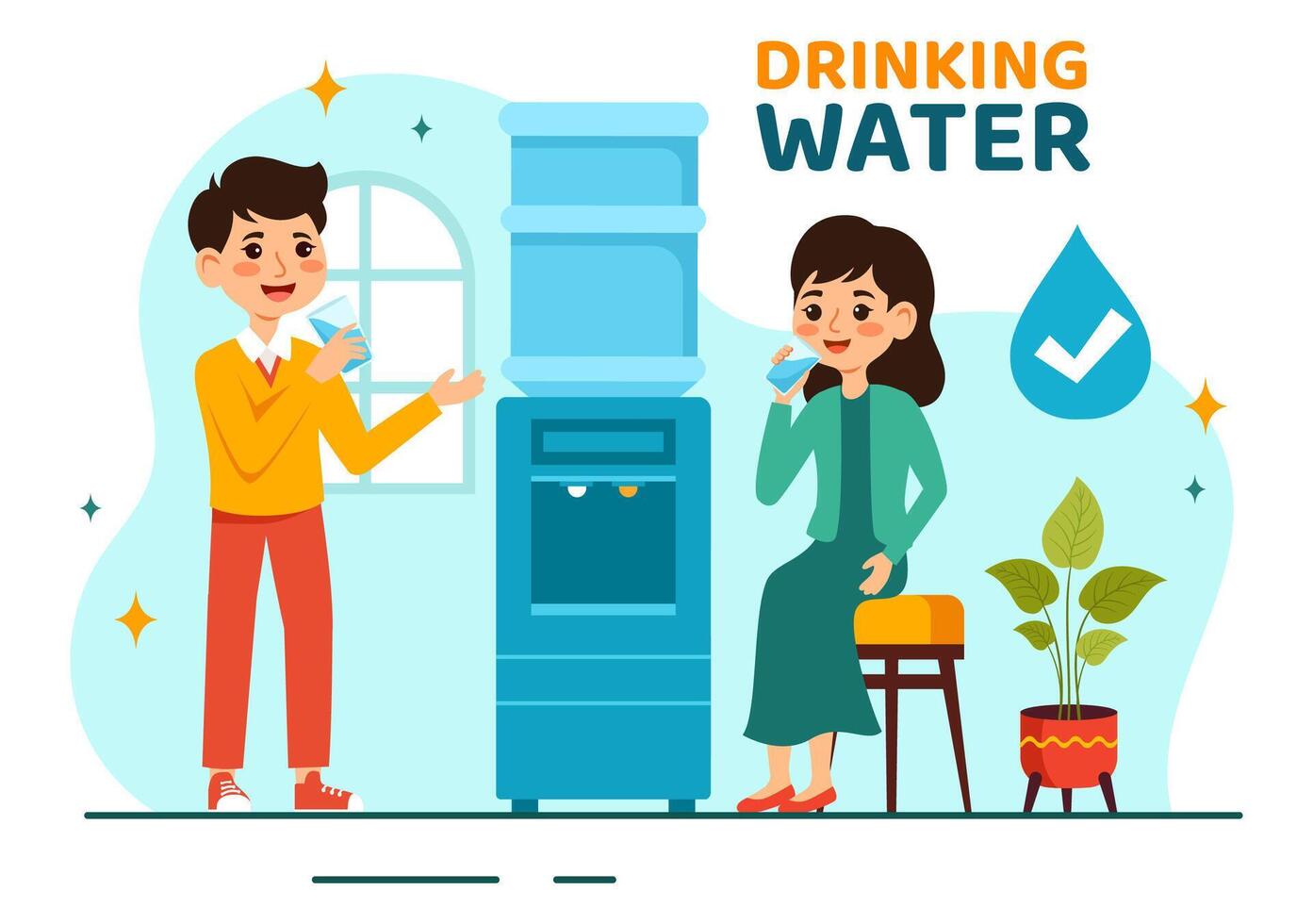 People Drinking Water From Plastic Bottles and Glasses with Pure Clean Fresh Concept in Flat Kids Cartoon Vector Illustration