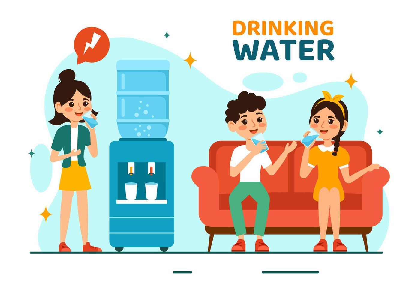 People Drinking Water From Plastic Bottles and Glasses with Pure Clean Fresh Concept in Flat Kids Cartoon Vector Illustration