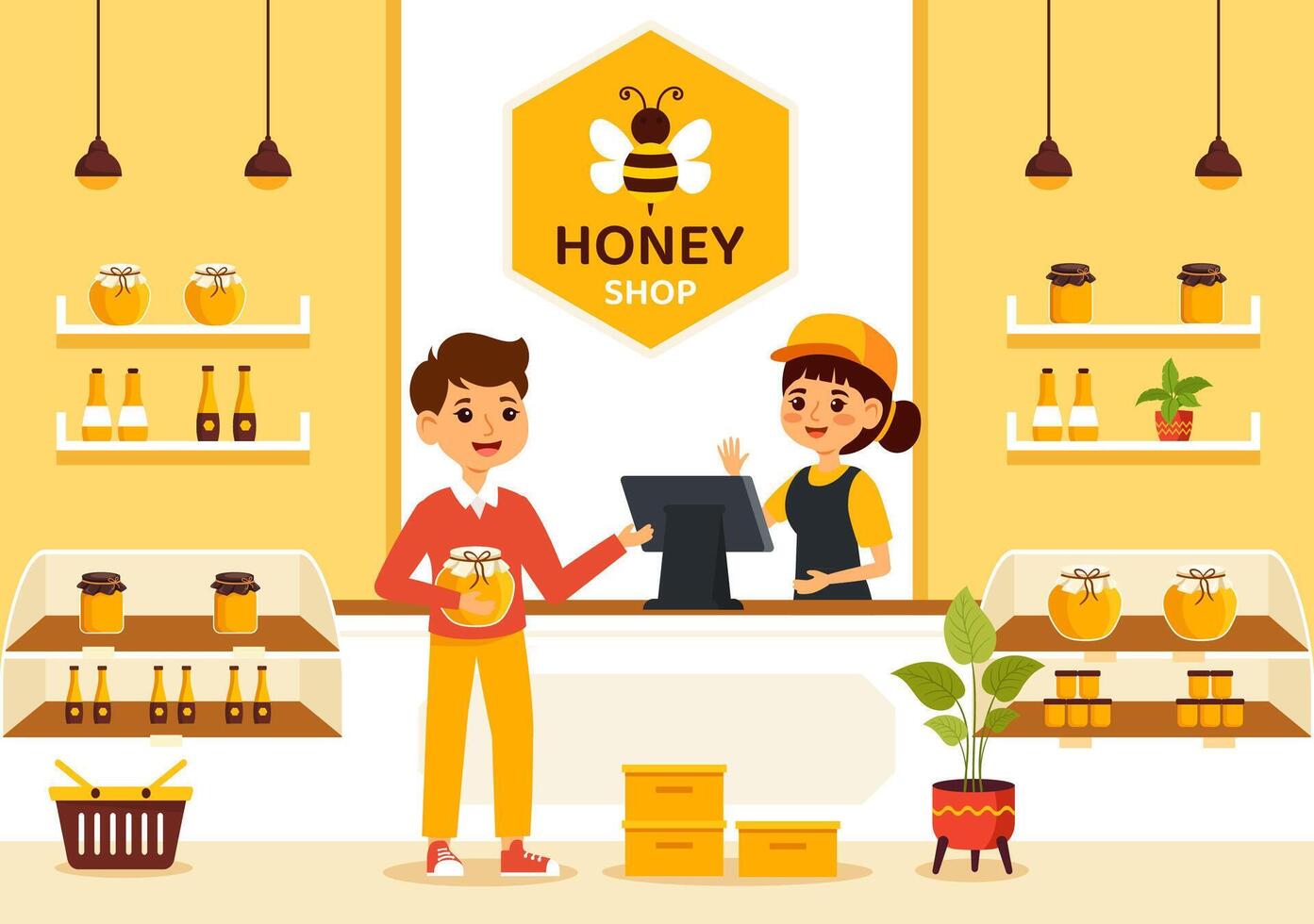 Honey Store Vector Illustration with a Natural Useful Product Jar, Bee or Honeycombs to be Consumed in Flat Cartoon Background Design