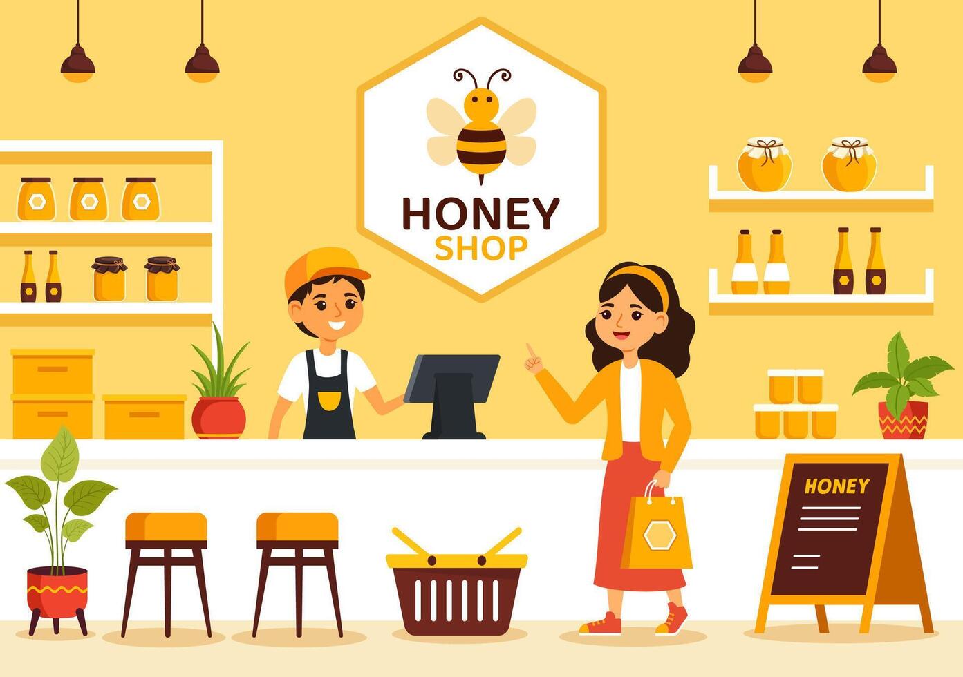 Honey Store Vector Illustration with a Natural Useful Product Jar, Bee or Honeycombs to be Consumed in Flat Cartoon Background Design