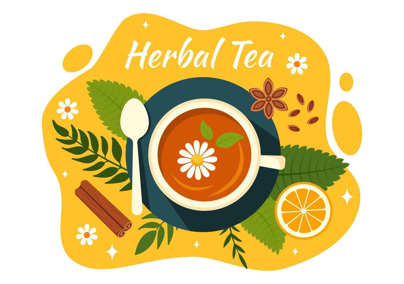 herbario té vector ilustración con manzanilla hojas de salud bebida verde y mezcla de flores a incrementar resistencia en plano dibujos animados antecedentes