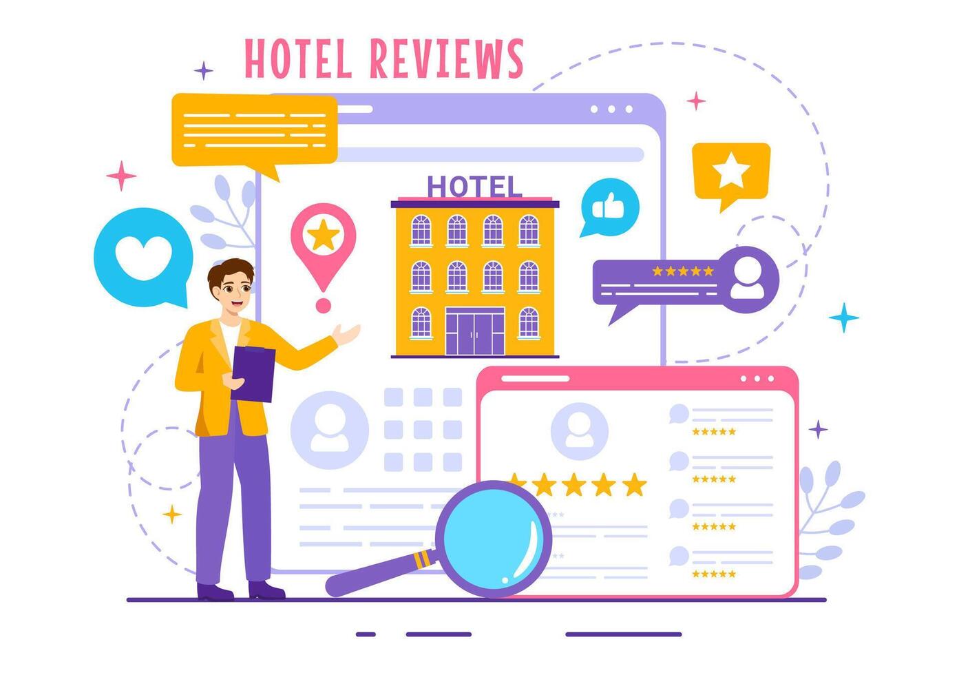 hotel comentarios vector ilustración con clasificación servicio, usuario satisfacción a clasificado cliente, producto o experiencia en plano dibujos animados antecedentes