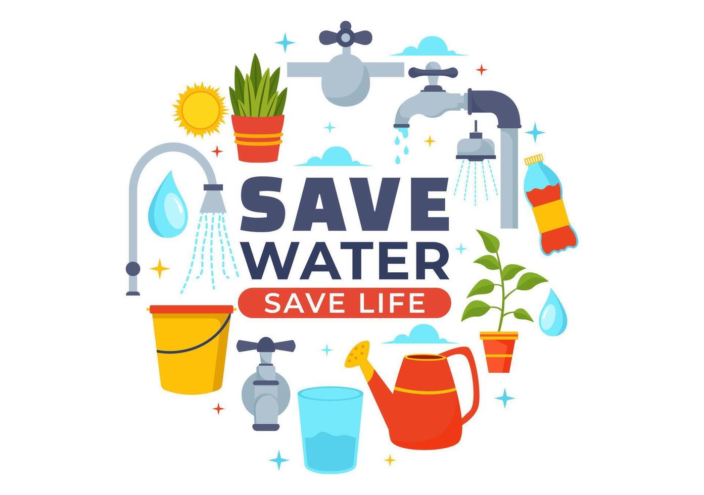 agua ahorro vector ilustración para mineral ahorros Campaña y energía utilización con grifo y tierra concepto en plano dibujos animados antecedentes