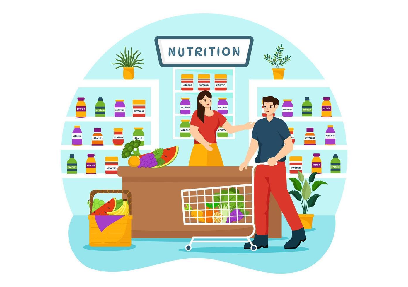 nutrición Tienda vector ilustración con dietético suplemento de vitaminas y minerales tal como Fresco Fruta o vegetales en plano dibujos animados antecedentes