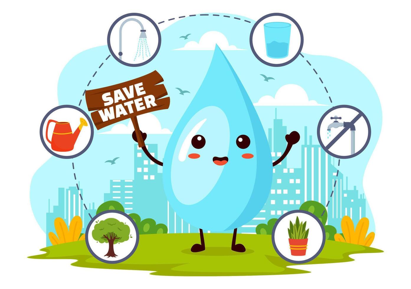 Water Saving Vector Illustration for Mineral Savings Campaign and Energy Utilization with Faucet and Earth Concept in Flat Cartoon Background