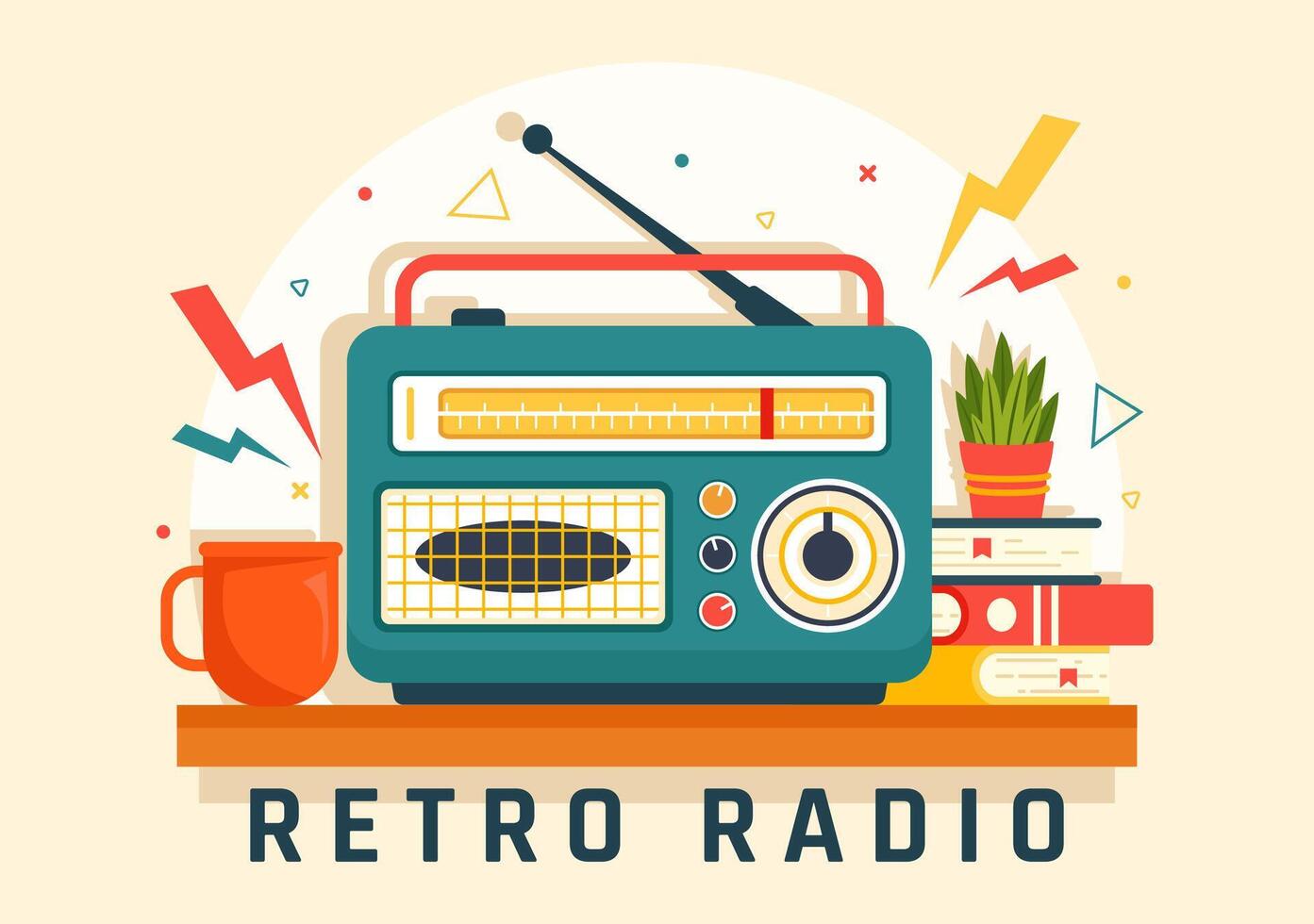 retro radio vector ilustración con jugador estilo para registro, antiguo receptor, entrevistas celebridad y escuchando a música en plano dibujos animados antecedentes